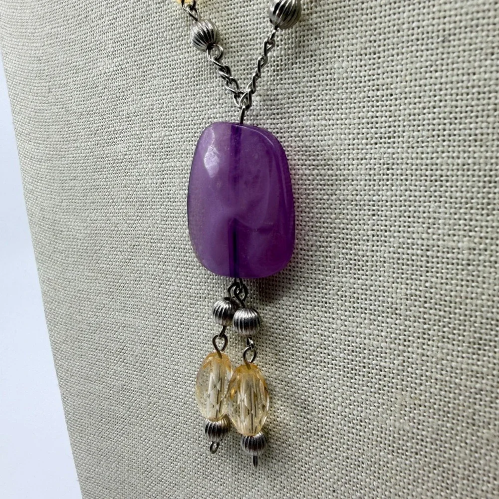 Necklace Vintage Y Drop Purple Yellow Beads Silver Tone Boho Statement Pendant